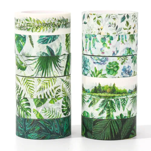 Miniatura 11 de Whaline 12 Rollos Cintas Washi de Vegetación Acuarela Plantas Eucalipto Cinta de Enmascarar 15mm Hojas Verdes Cinta Decorativa Adhesivos para Álbum