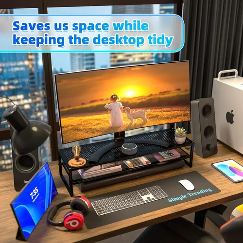 Miniatura 2 de Simple Trending - Soporte de dos niveles de metal para monitor dual, organizador de escritorio para oficina con alfombrilla para mouse de 32"x10