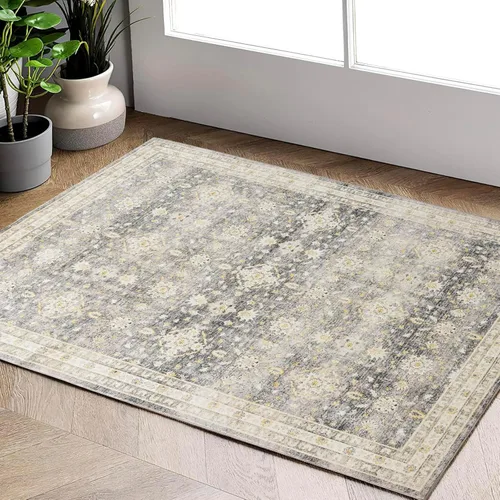 Carvapet Tapete de perfil bajo – Alfombra lavable gris bohemio floral de 2 x 3 pulgadas, alfombra de área pequeña antideslizante con respaldo de