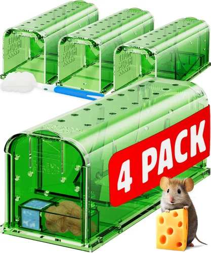 Trampas para ratones Motel Mouse humanas sin matar, captura viva y liberación 4 paquetes - Reutilizable, fácil de usar y limpiar, liberación sin