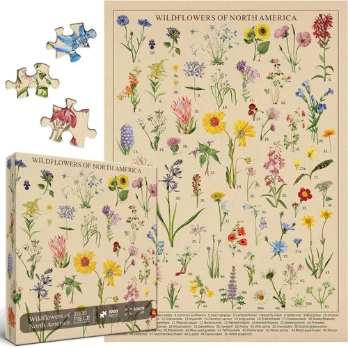 Rompecabezas vintage de flores silvestres de 1000 piezas para adultos, plantas botánicas, rompecabezas de flores silvestres de América del Norte,