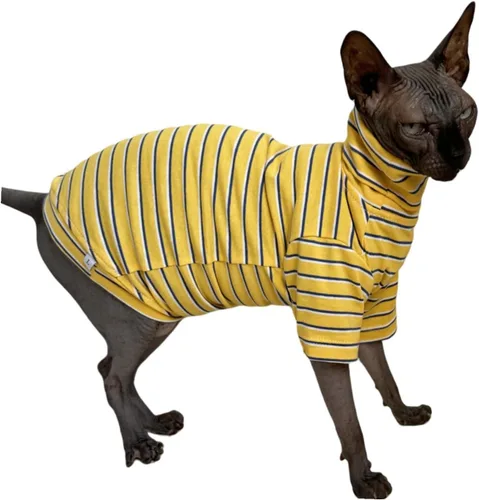 Miniatura 4 de Camisa de algodón con cuello redondo para gatos sin pelo Sphynx de rayas vintage, ropa para mascotas con mangas, camisetas para gatitos para Sphynx