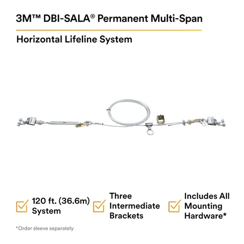 Miniatura 2 de 3M DBI-SALA Sayfline 7603120 Cable galvanizado multitramo de 120 pies con 3 soportes intermedios, tensor, hardware de montaje y absorbedores