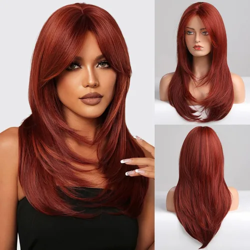Miniatura 9 de HAIRCUBE Pelucas Auburn para Mujeres, Pelucas Largas en Capas Naranjas con Flequillo, Pelucas de Fibra Sintética Resistentes al Calor