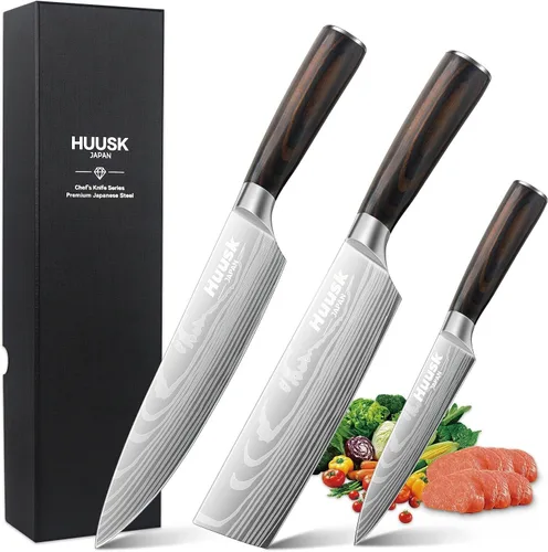 Huusk Juego de cuchillos de chef japoneses, juego de cuchillos de cocina profesionales, juegos de cuchillos de cocina ultra afilados con mango de