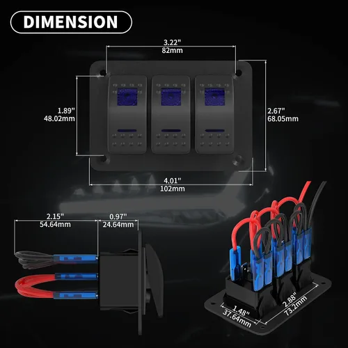 Miniatura 2 de DaierTek Panel de Interruptor Marino Impermeable 12V Panel de Interruptor Basculante de 3 Bandas Luz LED Azul Interruptor de Palanca Panel