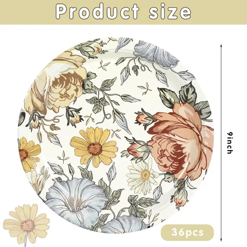 Miniatura 2 de Uiifan 36 platos de papel florales desechables vintage de 9 pulgadas, platos de postre de flores de primavera para jardín, fiesta de té, boda