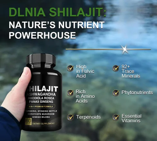Miniatura 9 de DLNIA Shilajit 8 en 1 para hombres y mujeres con suplemento orgánico del Himalaya Ashwaganda con Rhodiola Rosea, ginseng, cúrcuma, hongos