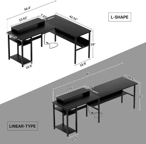 Miniatura 3 de Unikito Escritorio reversible en forma de L con tomas de corriente mágicas y luz LED inteligente, escritorio de esquina para computadora robusto