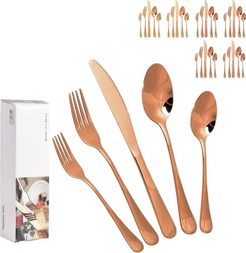 Miniatura 13 de Juego de cubiertos de acero inoxidable, juego de vajilla de 20 piezas, elegante cuchillo, tenedor, cuchara, cubiertos, servicio para 4 (dorado)