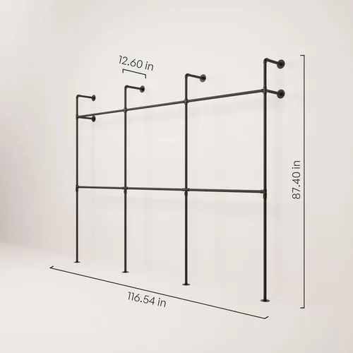 Miniatura 2 de pamo Perchero Industrial de Tubo Montado en la Pared – Sistema de Armario Negro en Acero con Recubrimiento en Polvo – 116.54" de ancho × 87.4