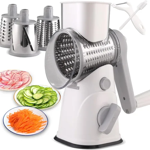 Rallador Giratorio de Queso con Manivela Manual, Mandolina de Cocina Rallador de Verduras y Queso con 3 Cuchillas Intercambiables, Rallador