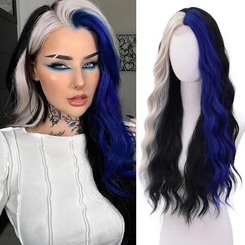 Miniatura 10 de Peluca azul larga natural ondulada sintética de fibra resistente al calor, peluca azul con ondas de agua para Halloween, cosplay, fiesta diaria Azul