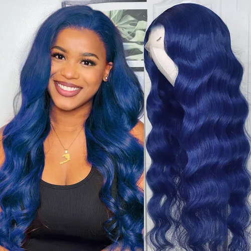 Miniatura 3 de Peluca de cabello humano ondulado con encaje frontal azul oscuro de 28 pulgadas, color azul oscuro, pelucas de encaje frontal de 13 x 4, línea