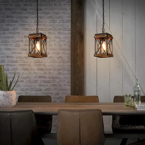 Miniatura 2 de Paquete de 2 lámparas colgantes de madera rústica de granja con cadena ajustable de una sola luz de madera de roble y metal, iluminación colgante