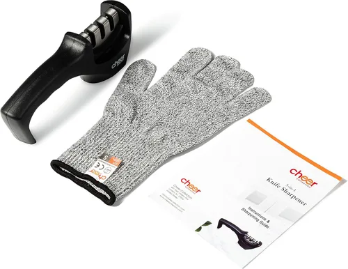 Miniatura 6 de Cheer Collection Afilador de cuchillos 3 en 1, sistema profesional de afilado de cuchillas para restaurar cuchillos de cocina, incluye guantes Negro