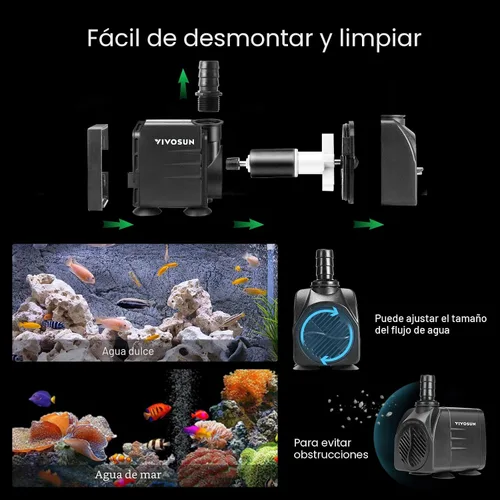 Miniatura 5 de VIVOSUN Bomba sumergible de 480 GPH (1800 L/H, 25 W), bomba de agua ultra silenciosa con elevación de 7.2 pies, bomba de fuente con cable