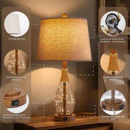 Miniatura 3 de OYEARS Juego de 2 lámparas de mesita de noche con USB, modernas lámparas de noche retro de cristal de ratán para dormitorio, sala de estar