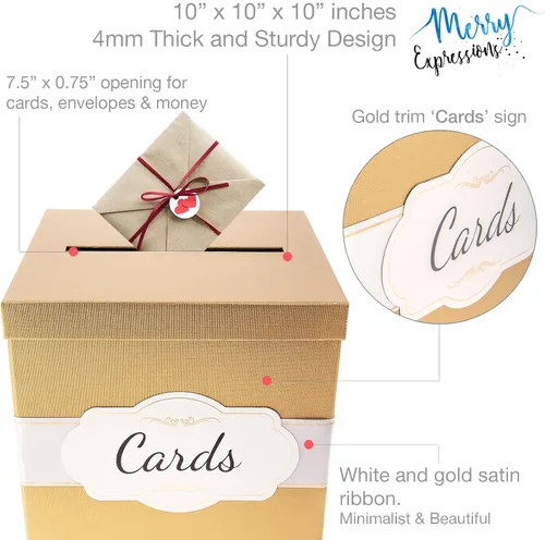 Miniatura 9 de Merry Expressions Caja de tarjetas dorada de 10 pulgadas, tarjetero para fiesta, caja de regalo de dinero para recepción de boda, graduación