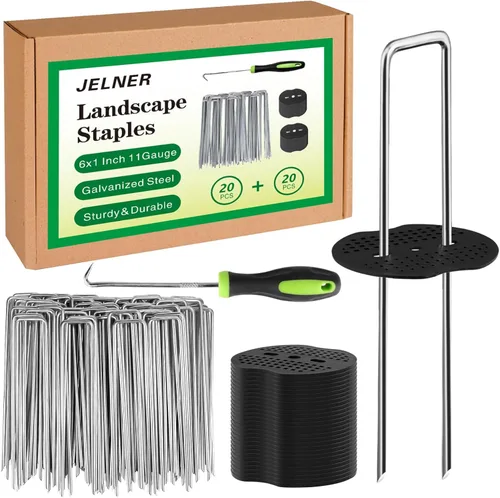 JELNER Estacas de Jardín, grapas de paisaje galvanizadas de 15 cm, calibre 11, 20 unidades + 20 juntas + 1 gancho de pico, estacas para carpas, tela
