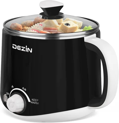 Dezin Olla eléctrica para fideos rápidos, olla eléctrica de acero inoxidable de 1.6 litros, perfecta para ramen, huevo, pasta, albóndigas, sopa,