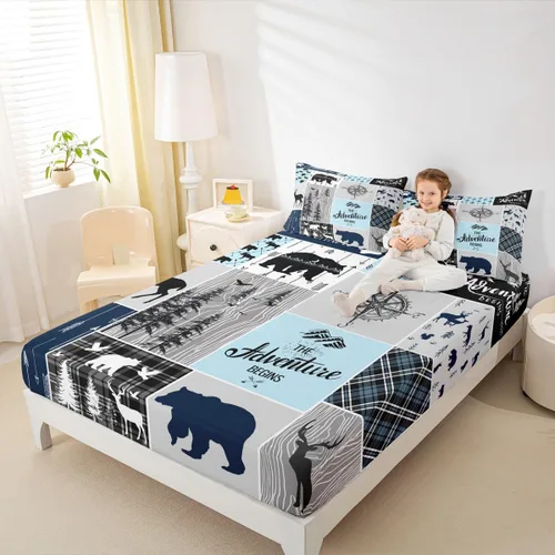 Miniatura 14 de Sábana bajera de retazos rústicos, sábanas de ciervos de oso para niños, adolescentes, adultos, mujeres, juego de ropa de cama rústica de granja