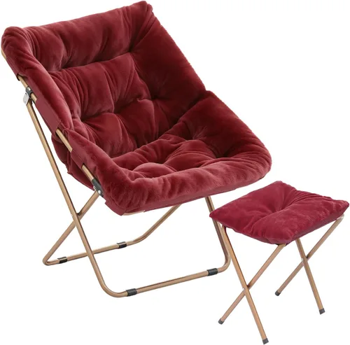 Miniatura 24 de Magshion Silla plegable de gran tamaño para adultos, silla de lectura con otomana, asiento circular esponjoso de piel sintética, cómoda silla
