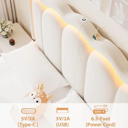 Miniatura 7 de Base de cama LED tapizada tamaño Queen con 2 cajones de almacenamiento y cabecera doble ondulada ajustable, cama de plataforma de princesa de Beige