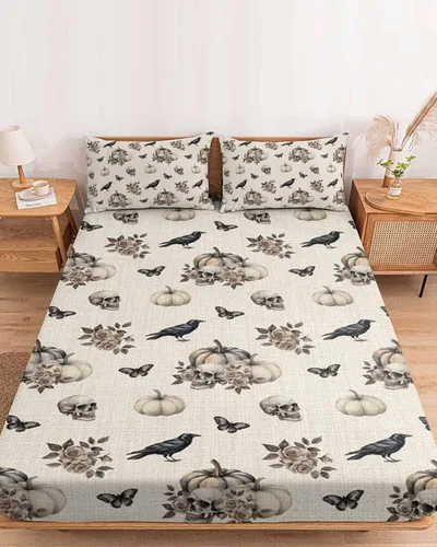 Sábanas bajeras de bolsillo profundo de hasta 16 pulgadas, funda de colchón suave de Halloween con 1 funda de almohada decorativa para dormitorio de