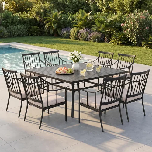 Miniatura 21 de PHI VILLA Juego de comedor al aire libre de 7 piezas con cojín, mesa de comedor rectangular de metal de 60 pulgadas con agujero para sombrilla y 6