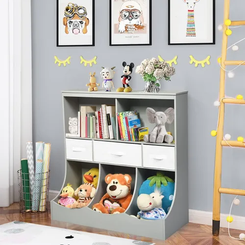 Miniatura 2 de HONEY JOY Organizador de almacenamiento de juguetes para niños con estantería, armario de almacenamiento de organización de 8 compartimentos con Gris