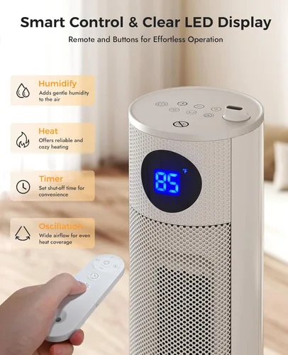 Miniatura 4 de Calentador de espacio con humidificador, calentadores de torre portátiles para uso en interiores, control remoto, termostato ajustable, 3 modos