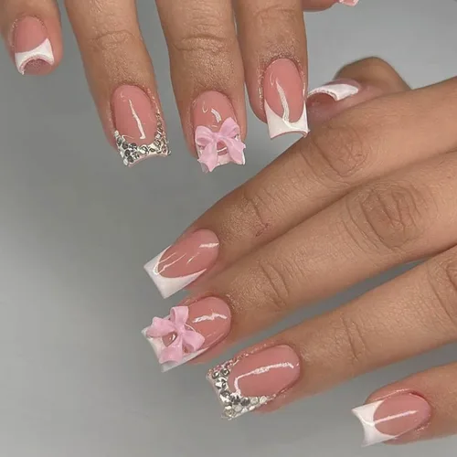 Miniatura 8 de Lindas uñas a presión de tamaño mediano - Uñas falsas cuadradas con punta francesa, uñas acrílicas rojas de cobertura completa brillantes