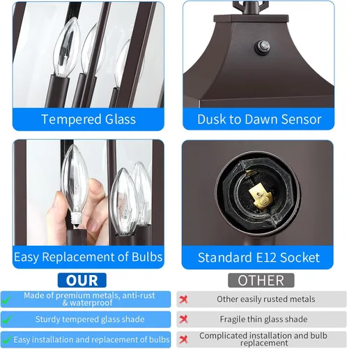 Miniatura 6 de Lámpara colgante grande de 15.5 pulgadas para exteriores, 3 luces, del atardecer al amanecer, lámpara colgante para exteriores, lámpara colgante
