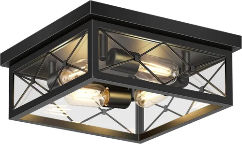 Miniatura 9 de Asnxcju Luminarias de Techo Estilo Granja para Montaje, Lámpara de Techo Empotrada Negra de 2 Luces con Pantalla de Vidrio Transparente, Lámpara