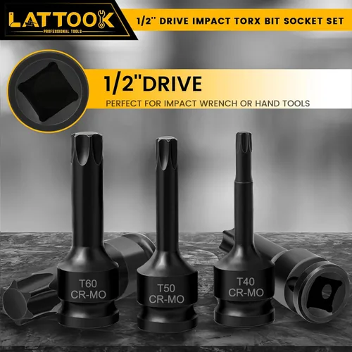 Miniatura 8 de Juego de 25 piezas de dados Torx de impacto de 1/2 pulgada, juego de dados de punta de estrella de impacto largo con adaptador, acero Cr-Mo, T30-T80
