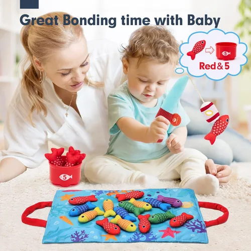 Miniatura 9 de hahaland Juguetes Montessori para niño de 1 año, regalo de cumpleaños, juego de pesca de tela 10 en 1, juguetes para niños pequeños con tazas