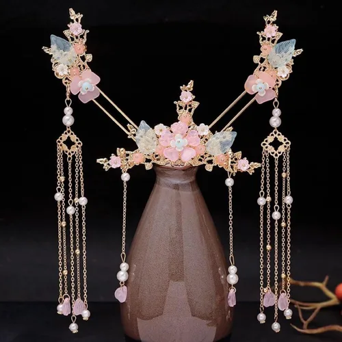 Miniatura 7 de Juego de 5 accesorios para el cabello chino Hanfu, palitos de pelo con borlas florales rosas, peine con aretes, horquillas de pelo vintage