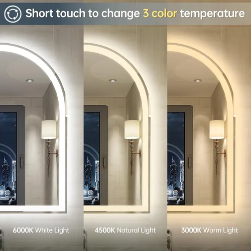 Miniatura 4 de Espejo LED arqueado para baño de 24 x 30 pulgadas, espejo de baño LED sin marco con luces, sin niebla, regulable, 3 cambios de color, inastillable