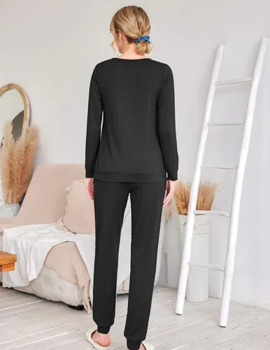 Miniatura 95 de Ekouaer Conjunto de pijama de manga larga para mujer, ropa de dormir suave con cuello redondo y bolsillos