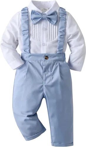 Miniatura 15 de Conjunto de pantalones para bebé, camisa de manga larga + pantalones + corbatín + tirantes, trajes de caballero para niños pequeños