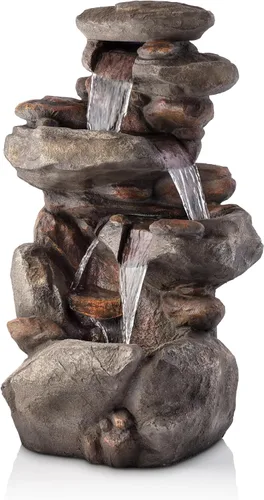 Alpine Corporation | Fuente de agua de piso de roca de 40 pulgadas con 4 niveles, cascada de agua y luces LED blancas, fuente de agua tranquila para