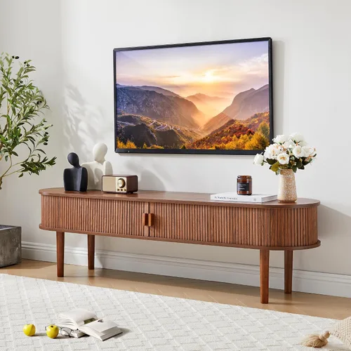 Soporte de TV, mesa consola multimedia acanalada totalmente montada con puertas correderas, centro de entretenimiento moderno con almacenamiento