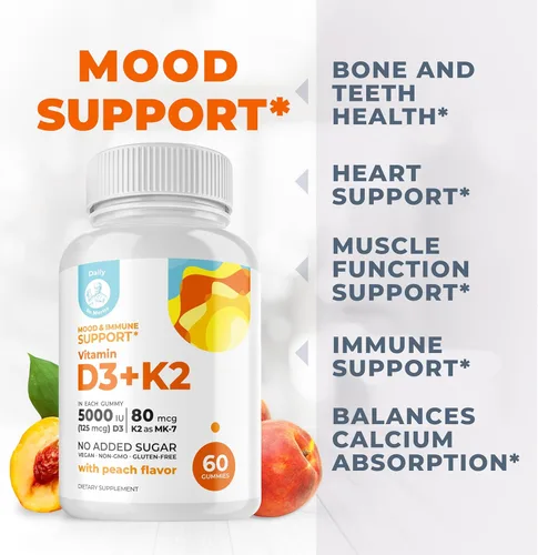 Miniatura 3 de DR. MORITZ Gomitas de vitamina D3 (5000 UI) con K2, para adultos y niños, gomitas de vitamina D3 K2 para apoyo inmunológico y salud ósea, veganas