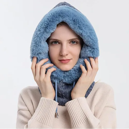 Miniatura 2 de Gorro de forro polar holgado de una pieza para mujer, bufanda con capucha, pasamontañas, cálido invierno, resistente al viento, con cordón