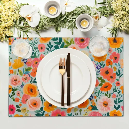 Miniatura 3 de Juego de 4 manteles individuales con estampado de flores de acuarela para decoración de mesa de comedor en el hogar, interior y exterior