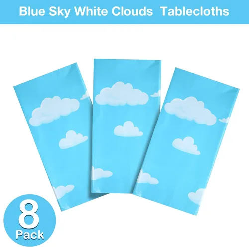 Miniatura 4 de Tatuo Mantel de historias de dibujos animados con nubes blancas y cielo azul para decoración de cumpleaños, 54 x 108 pulgadas (2 piezas)