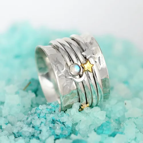 Miniatura 6 de Boho-Magic Anillo giratorio de plata de ley 925 con diseño de luna y estrella para mujer