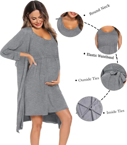 Miniatura 3 de SWOMOG Batas de enfermería Vestido de maternidad de 2 piezas camisón para lactancia materna 3 en 1 Hospital parto Albornoz de lactancia Vestido