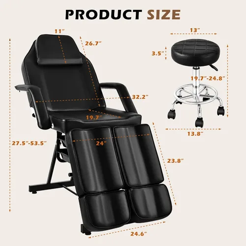 Miniatura 5 de Silla de tatuaje para cliente, cama facial, esteticista masaje mesa de tatuaje con taburete rodante, sillas de pestañas ajustables profesionales